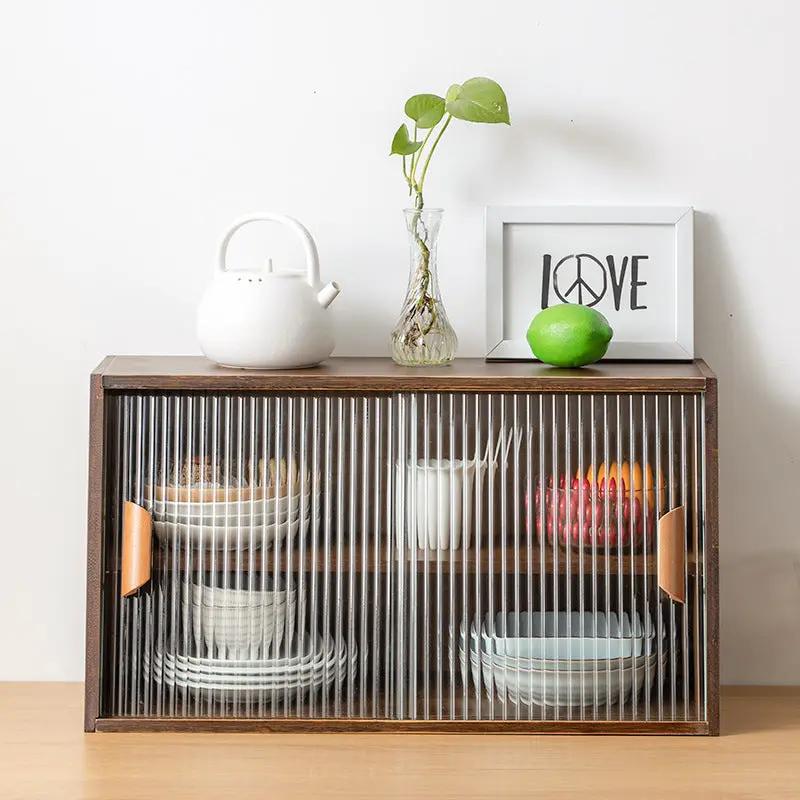 Japanese-style small glass-front kitchen cabinet in dark solid wood with ribbed doors on Tampa Home & Garden Store