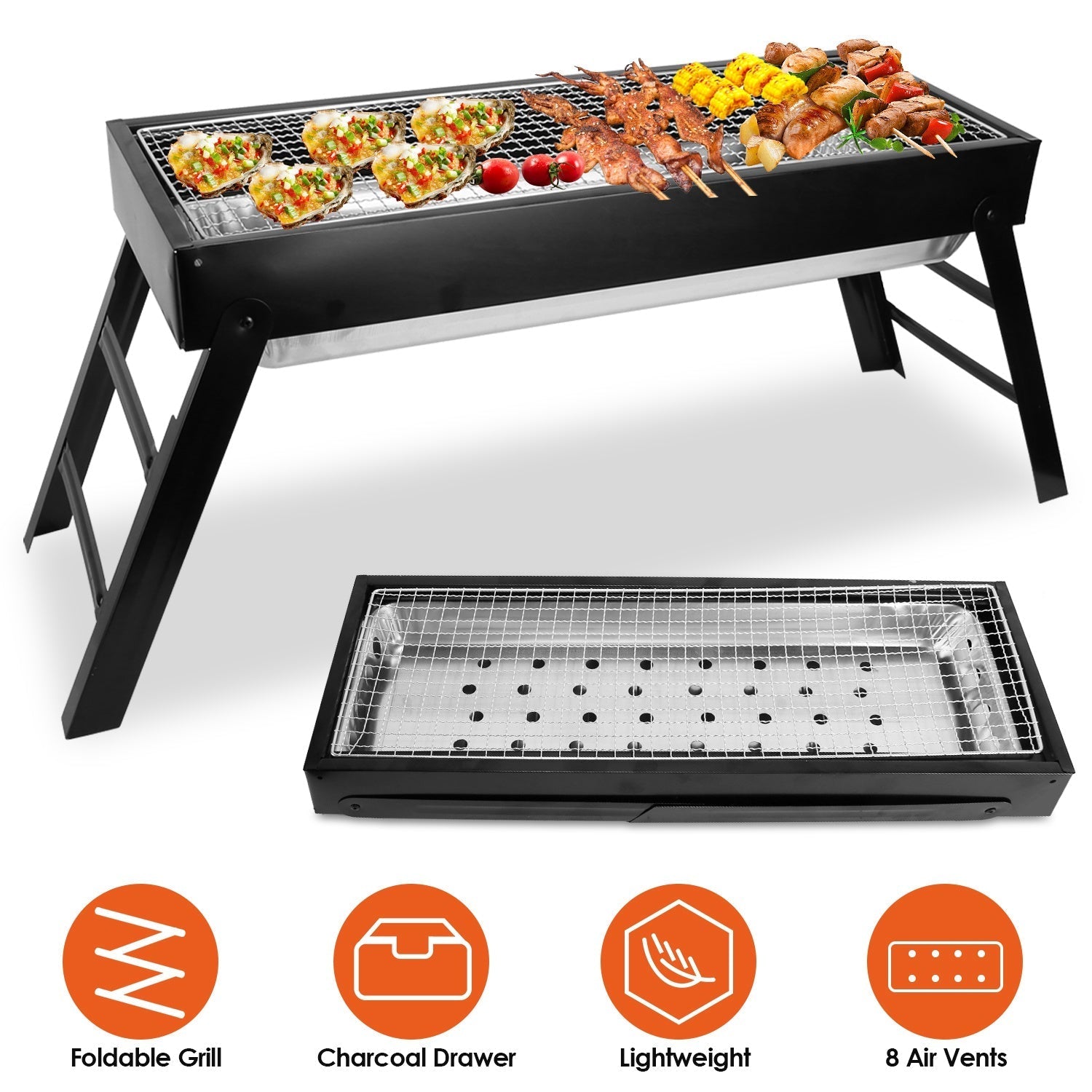 Foldable charcoal BBQ grill stainless steel portable tabletop grill for camping and backyard on Tampa Home & Garden Store