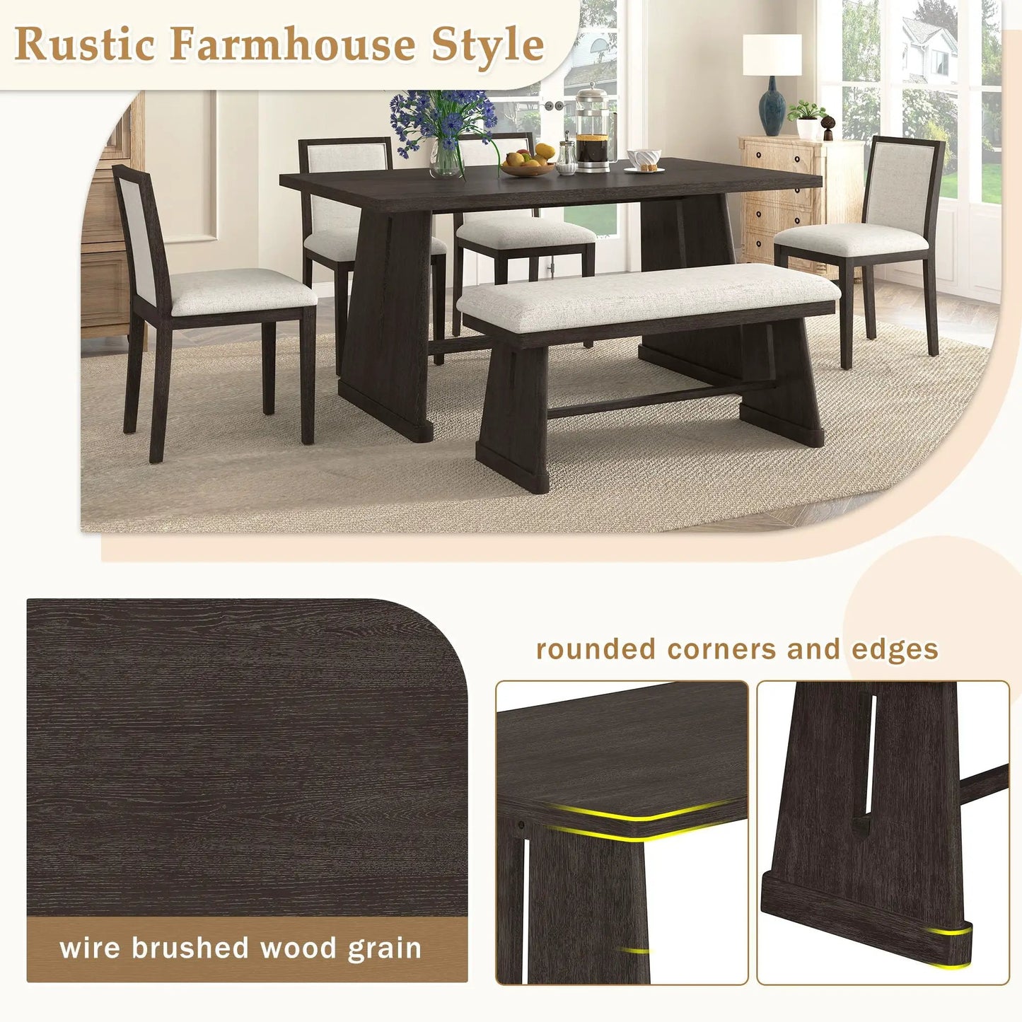 Dining set with rectangular table, 4 upholstered chairs and padded bench in beige fabric on Tampa Home & Garden Store