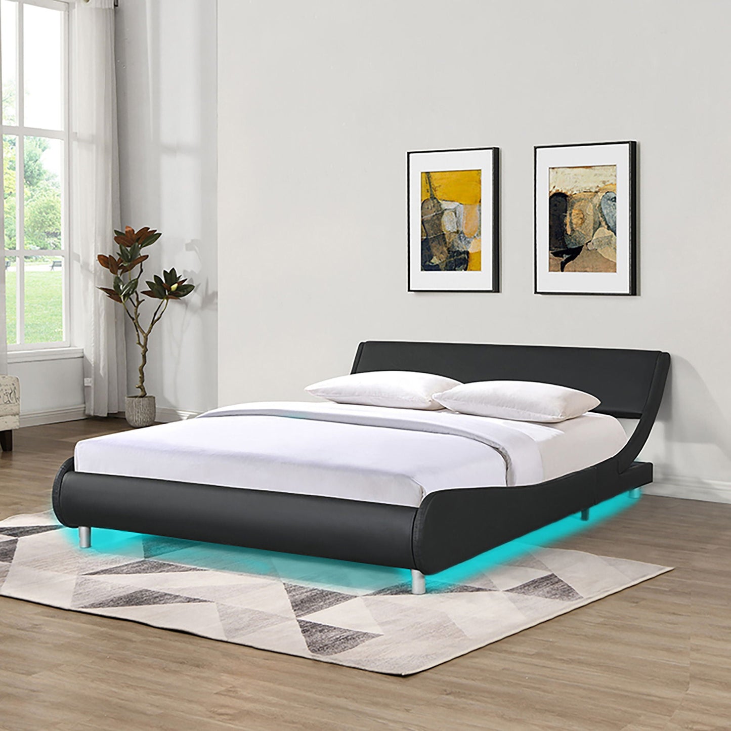 Queen Upholstered Led Bed Frame With Curve Black