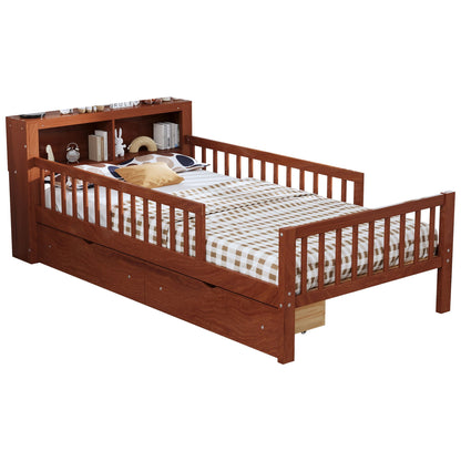 HouseOfZazla storage bed with headboard rack and 2 under-bed drawers, 3 side guardrails in wood on Tampa Home & Garden Store