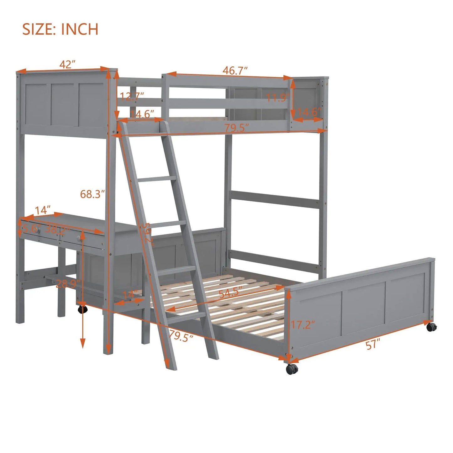 Full over full bunk bed with desk in gray finish, ladder and built-in storage drawers on Tampa Home & Garden Store