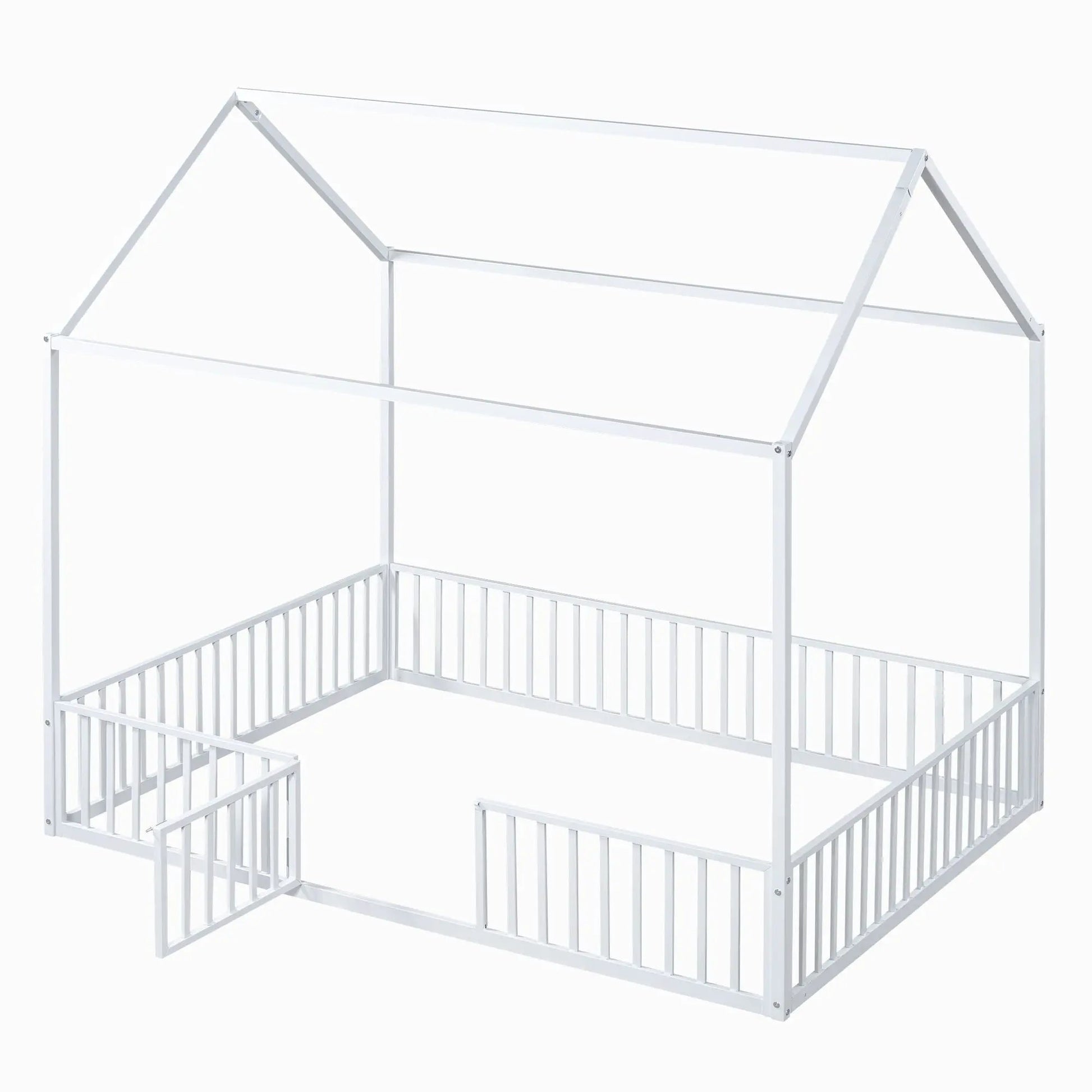 White metal canopy bed frame with house-style fence and door by Unique Piece Furniture on Tampa Home & Garden Store