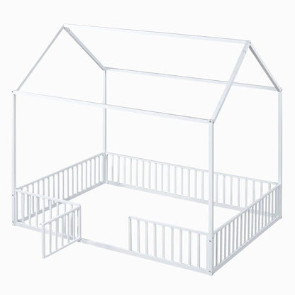White metal canopy bed frame with house-style fence and door by Unique Piece Furniture on Tampa Home & Garden Store