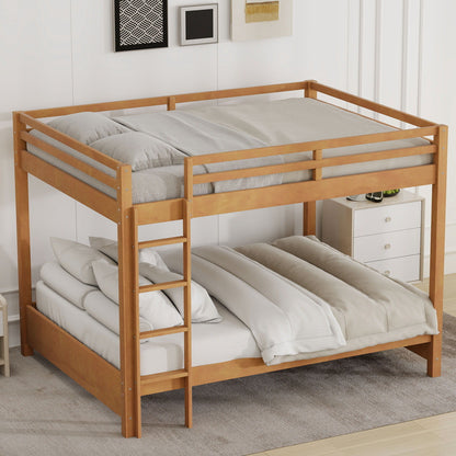 Sturdy bunk bed with ladder in natural wood finish, twin-over-twin, with gray bedding on Tampa Home & Garden Store