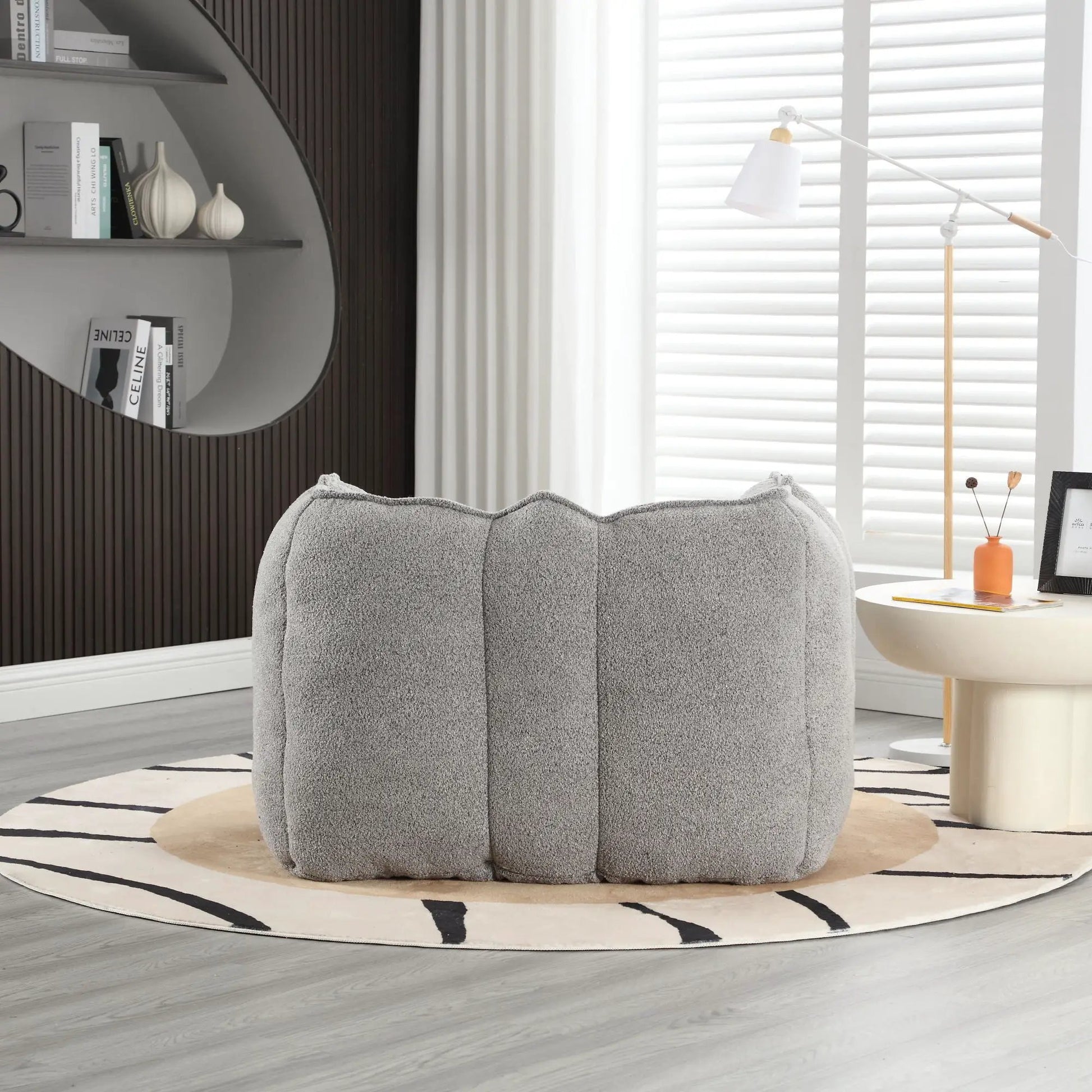 Pair of soft gray bean bag chairs with high resilient foam in a modern living room on Tampa Home & Garden Store
