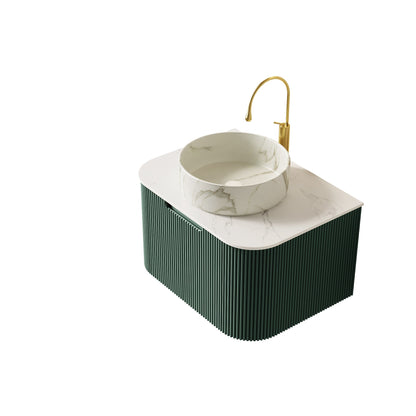Dina 24 Inch Vanity with Ceramic Basin, marble top, round sink, gold faucet, green ribbed cabinet on Tampa Home & Garden Store