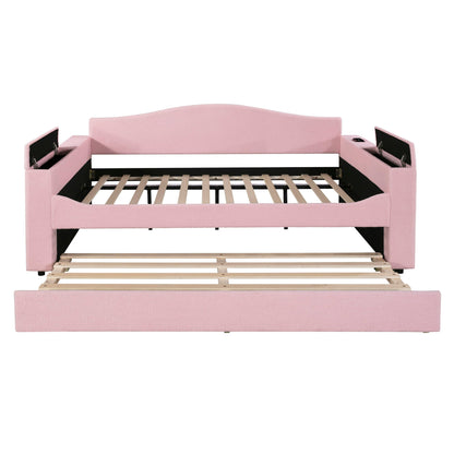 Upholstered pink daybed with storage armrests and integrated trundle by HouseOfZazla on Tampa Home & Garden Store