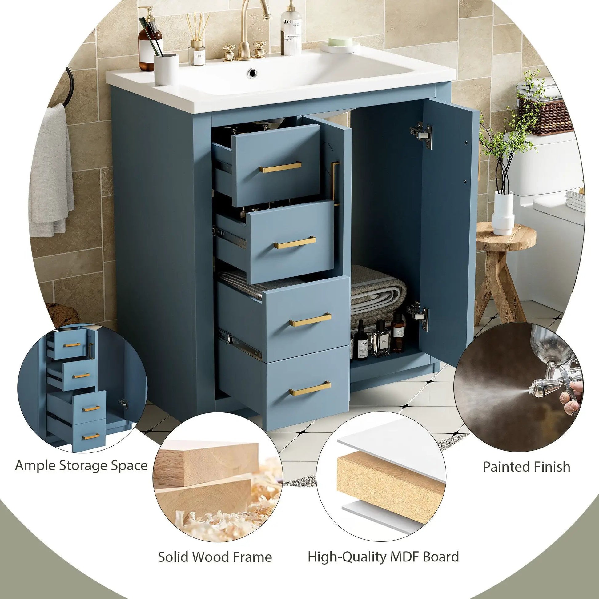 Ceramic sink vanity combo in blue with 3 drawers and soft-close doors Unique Piece Furniture on Tampa Home & Garden Store