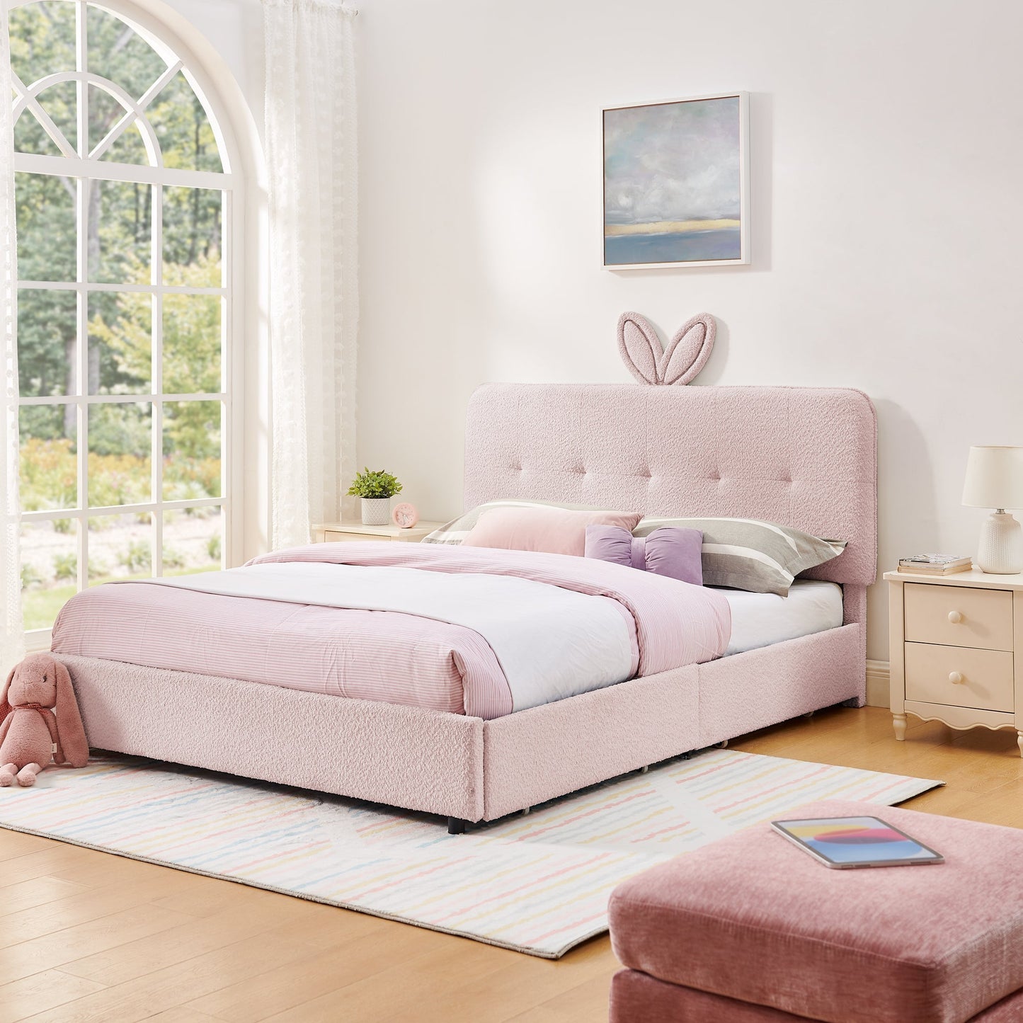 Queen Size Kids Upholstered Bed with Rabbit Ear Headboard pink bouclé HouseOfZazla storage on Tampa Home & Garden Store