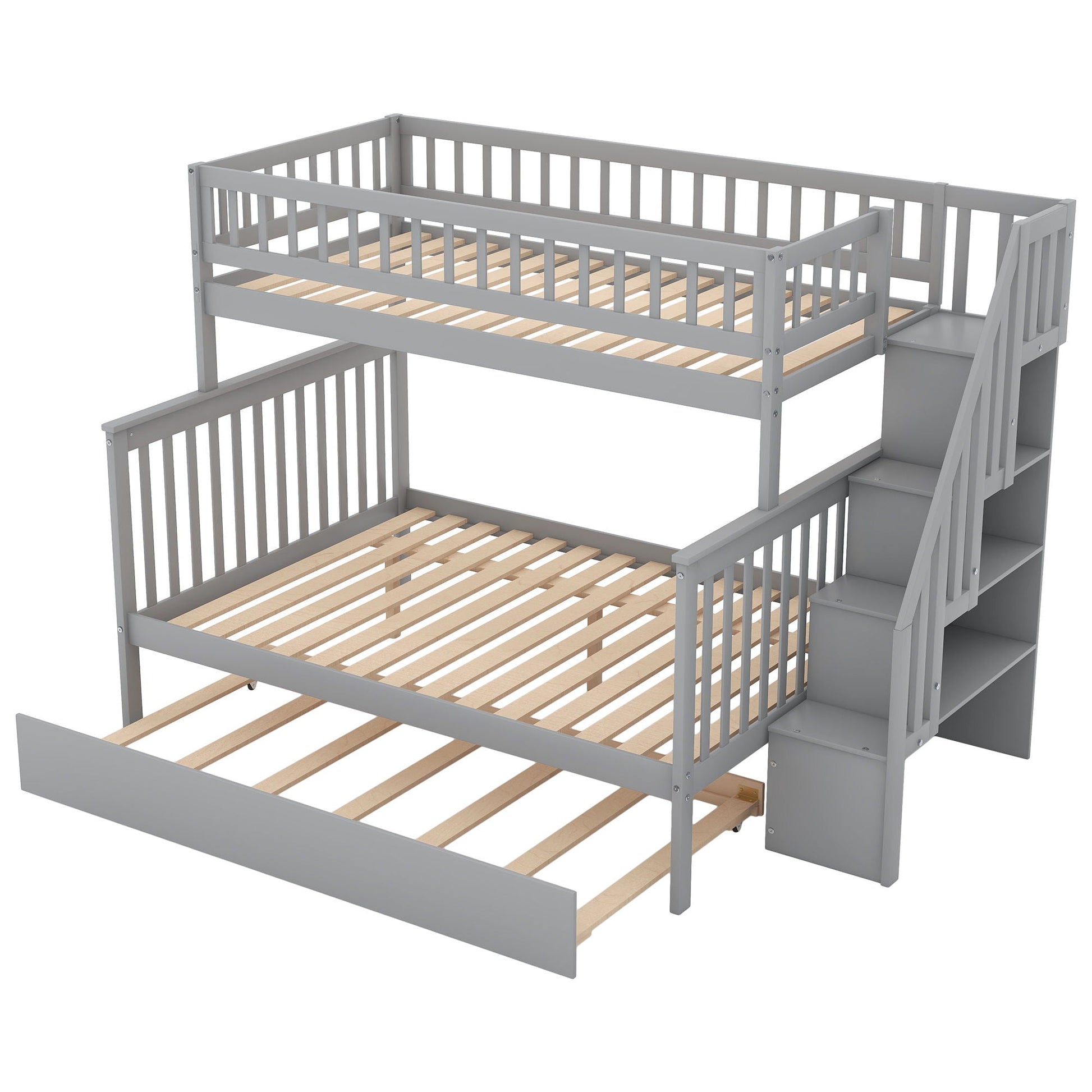 Bunk Bed With Staircase gray metal frame with vertical slats and wood base, stairs on right on Tampa Home & Garden Store