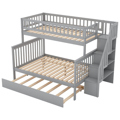 Bunk Bed With Staircase gray metal frame with vertical slats and wood base, stairs on right on Tampa Home & Garden Store