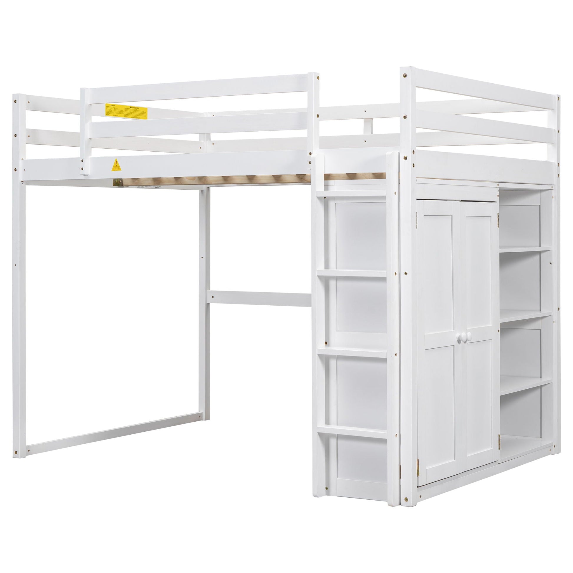 Loft bed with built-in wardrobe, storage shelves, LED light, white wood, HouseOfZazla on Tampa Home & Garden Store