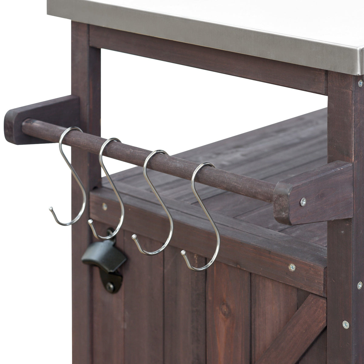 K&K Outdoor Kitchen Island rolling bar cart with dark wood frame and stainless top on Tampa Home & Garden Store