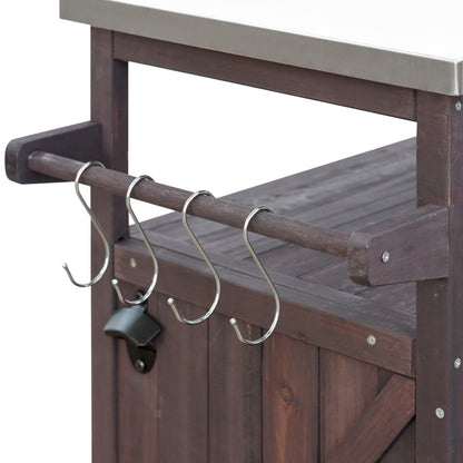 K&K Outdoor Kitchen Island rolling bar cart with dark wood frame and stainless top on Tampa Home & Garden Store