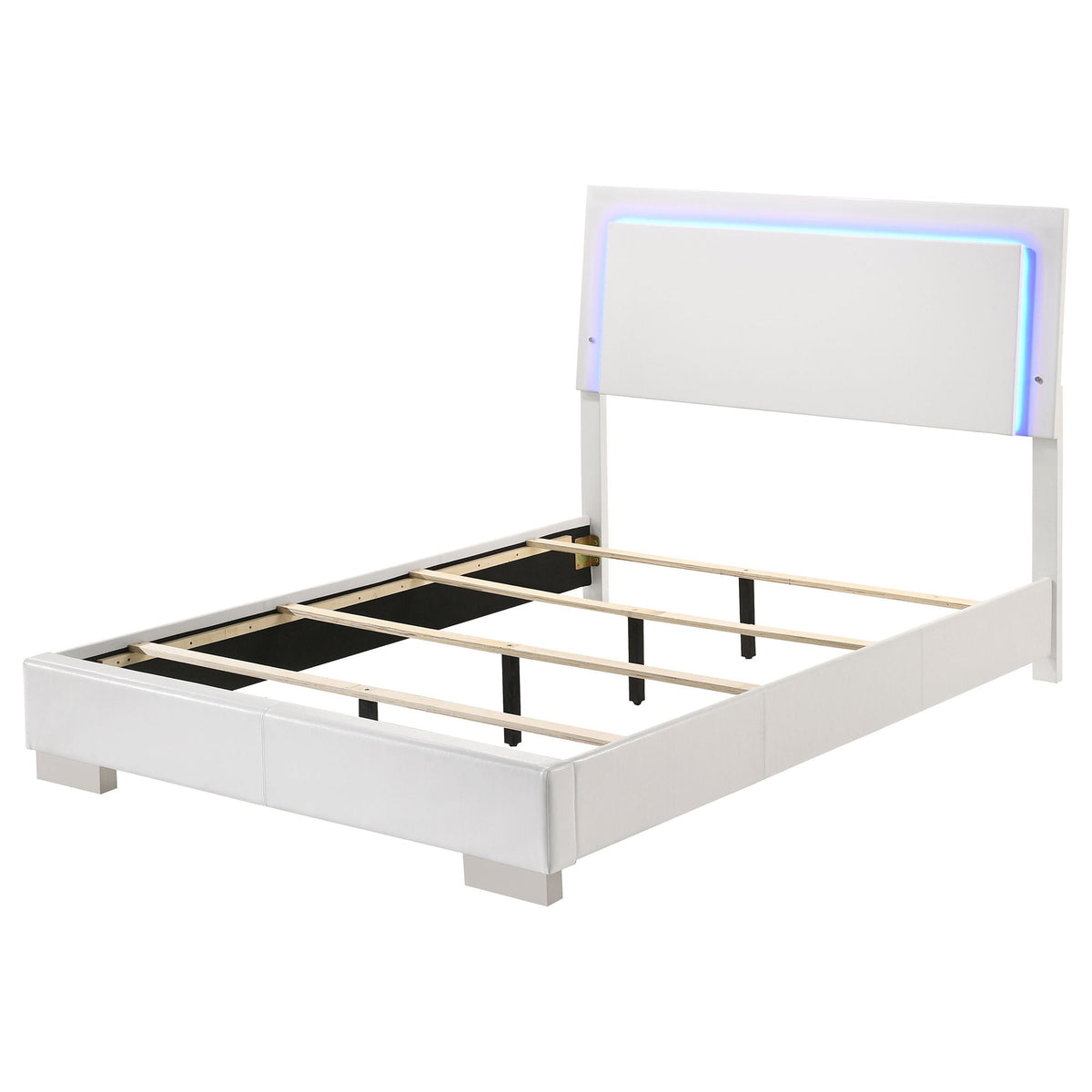 Felicity LED panel bed by HouseOfZazla, white upholstered headboard with built-in lighting on Tampa Home & Garden Store