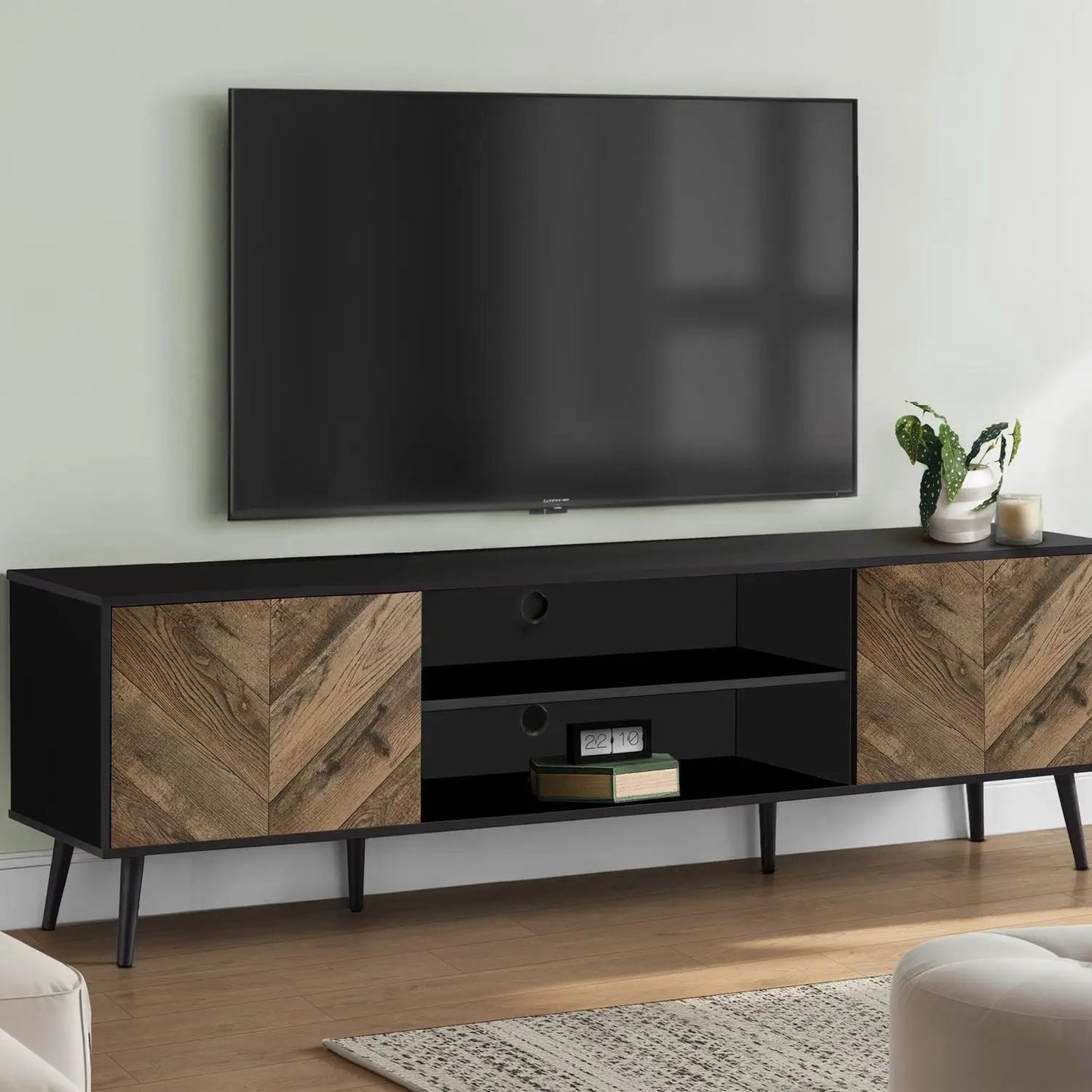 TV stand black with woodgrain end cabinets, open shelf, tapered legs by Unique Piece Furniture on Tampa Home & Garden Store
