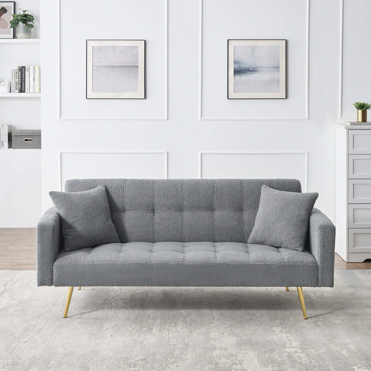 Teddy Fleece Futon Sofa Bed in gray with three plush pillows and gold legs HouseOfZazla on Tampa Home & Garden Store