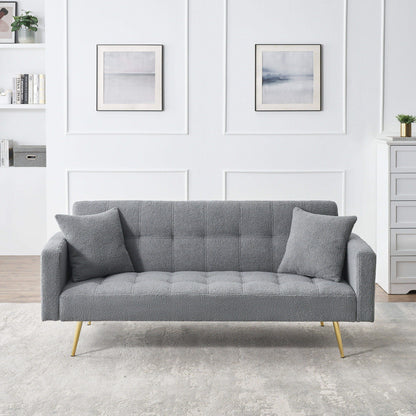 Teddy Fleece Futon Sofa Bed in gray with three plush pillows and gold legs HouseOfZazla on Tampa Home & Garden Store
