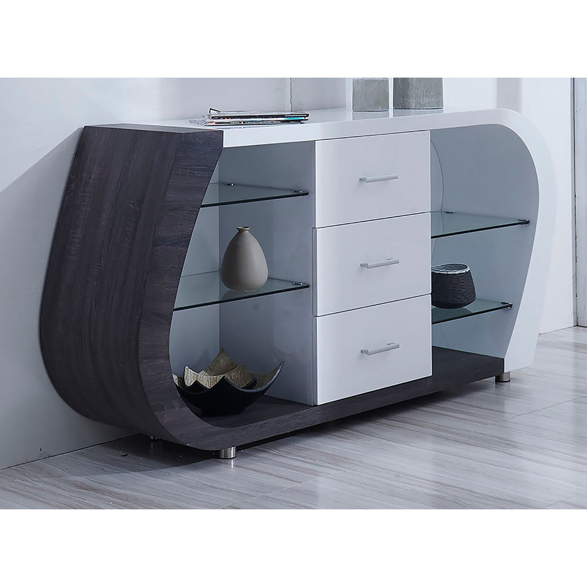Anne Buffet with Ample Storage white gray by HouseOfZazla with glass-shelf sides on Tampa Home & Garden Store