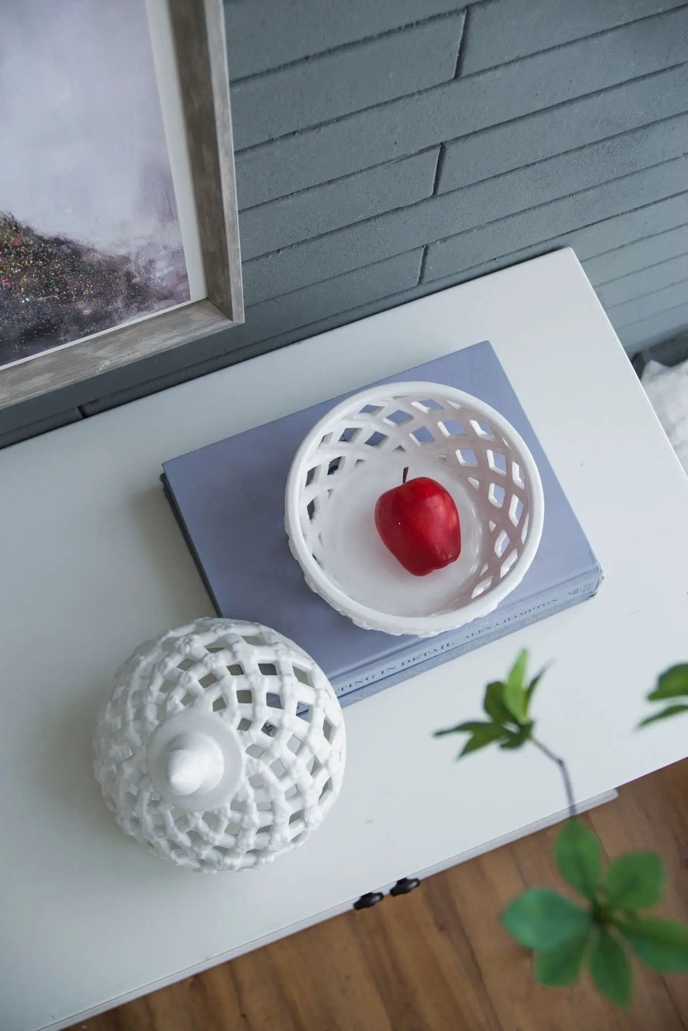 Ceramic lattice-lidded jars in white, 2 pcs decorative vases on Tampa Home & Garden Store