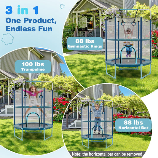 60 Inch Trampoline with Gymnastic Bar and Rings for Kids-Blue - Tampa Home & Garden Store