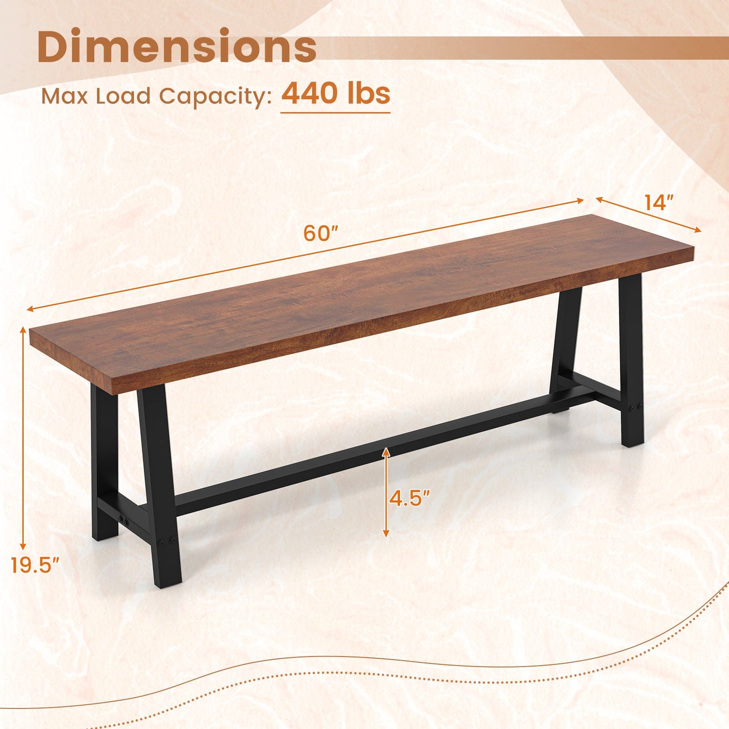40 inch dining bench with brown wood top and black metal frame, farmhouse style, 2-person entryway shoe bench on Tampa Home & Garden Store
