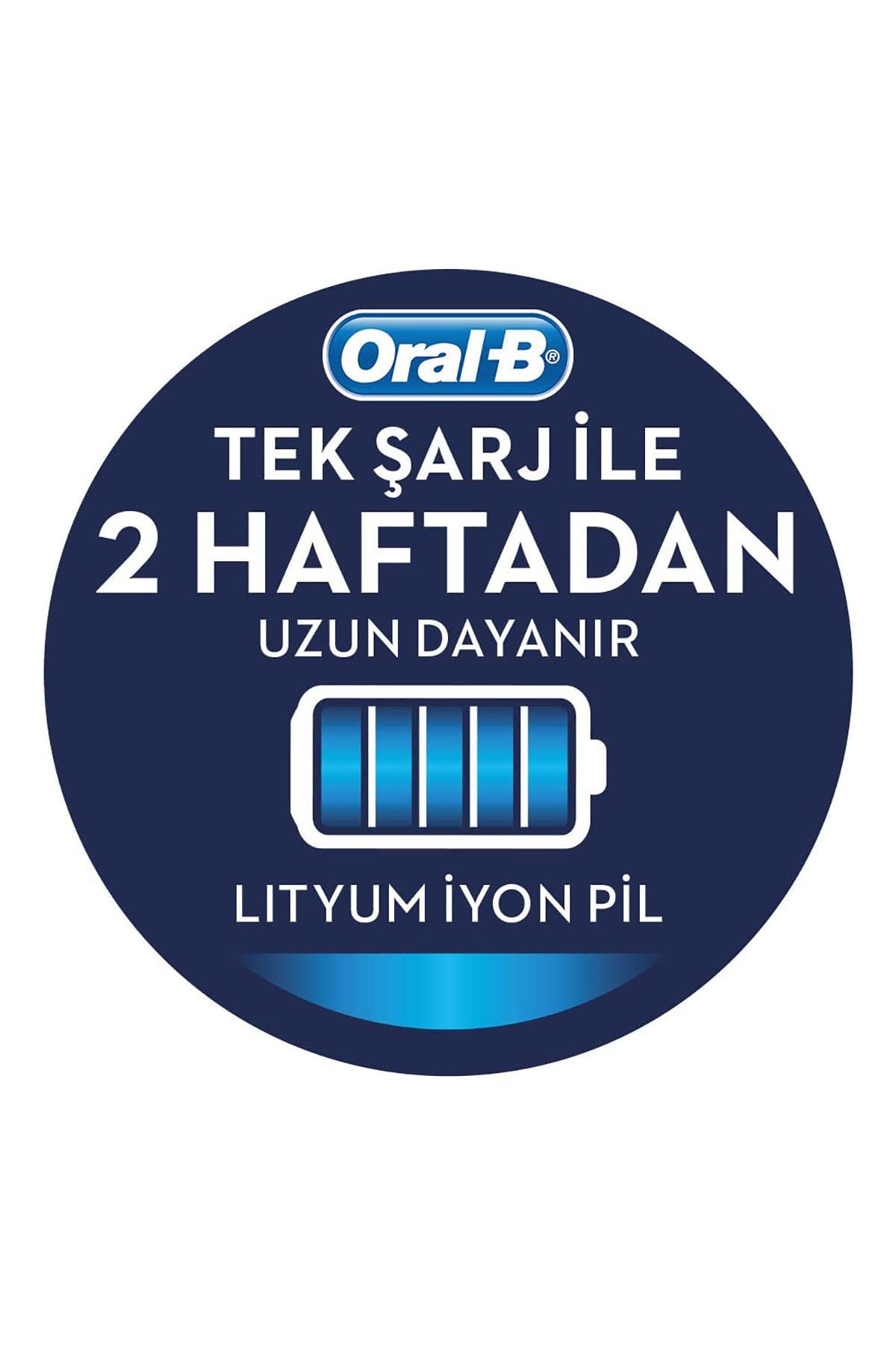 Oral-B rechargeable toothbrush badge with Turkish text and battery icon on dark blue circle on Tampa Home & Garden Store