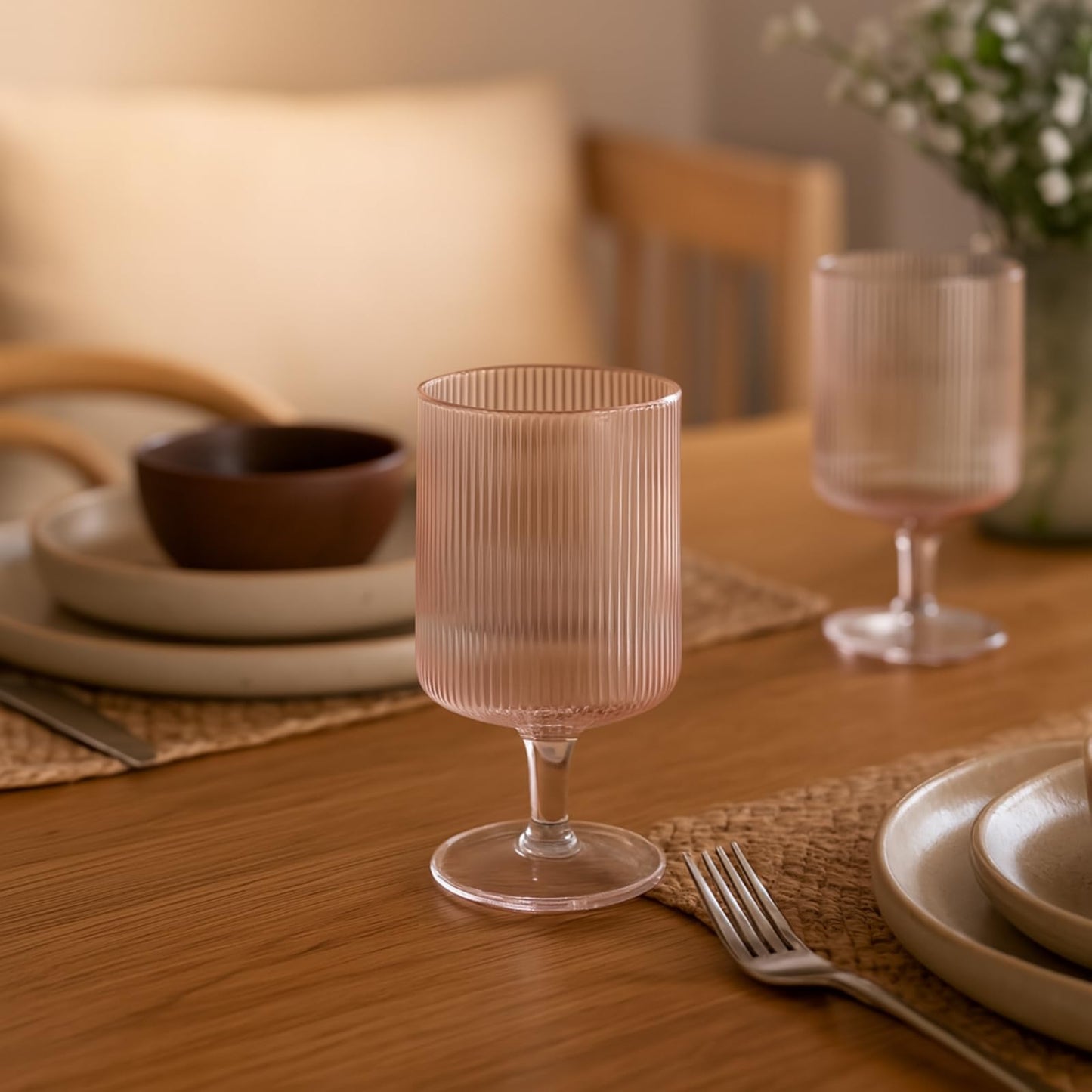A Pair Of Blush Pink Ripple Stemmed Wine Glasses