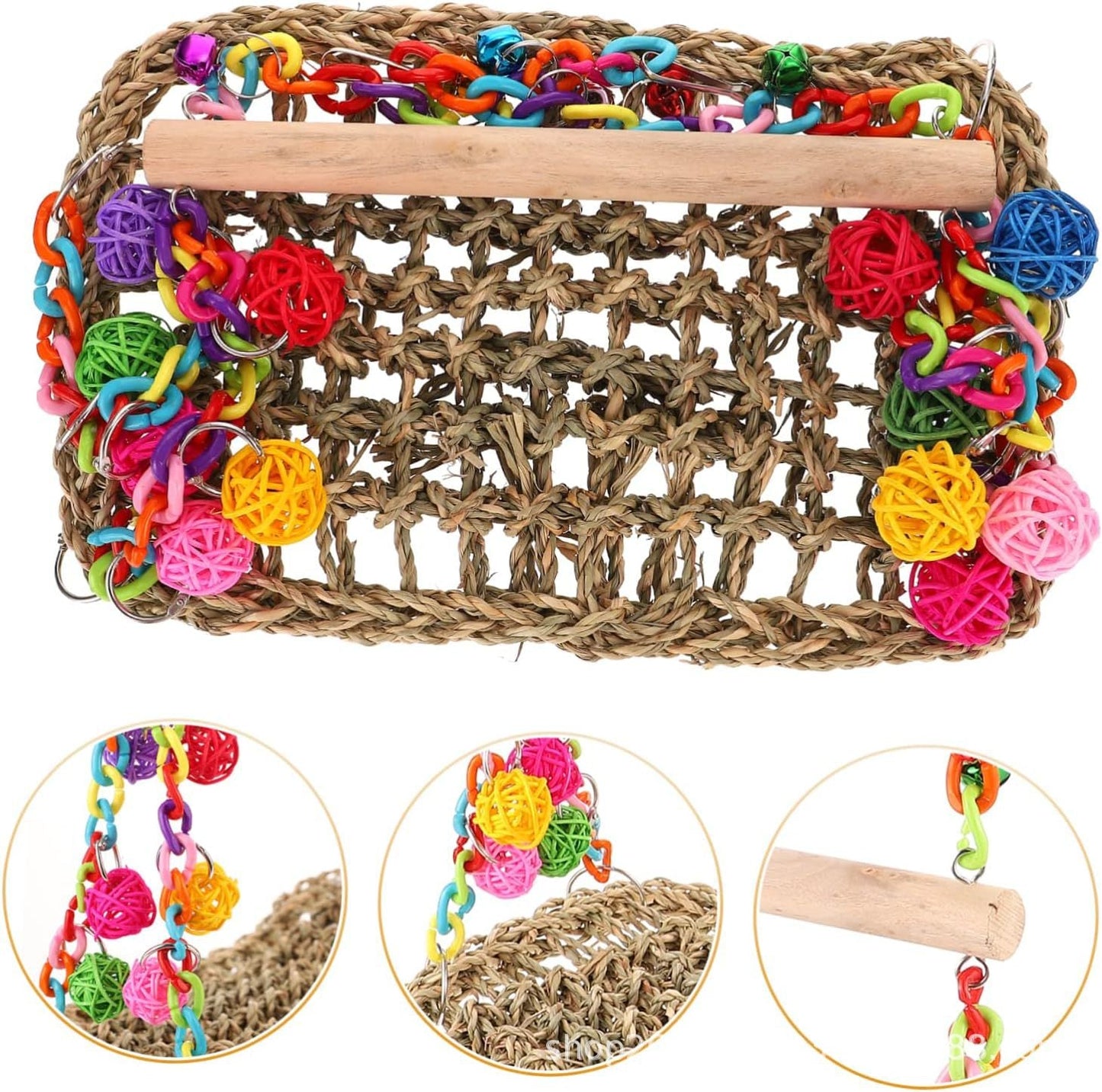 Parrot climbing net hammock bird toy with colorful balls and a wooden perch on Tampa Home & Garden Store