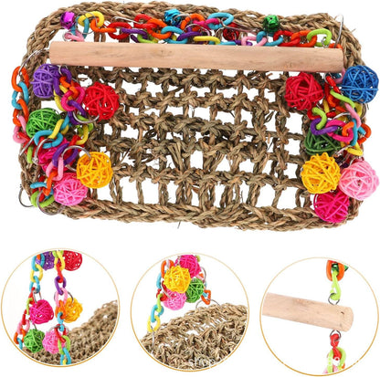 Parrot climbing net hammock bird toy with colorful balls and a wooden perch on Tampa Home & Garden Store