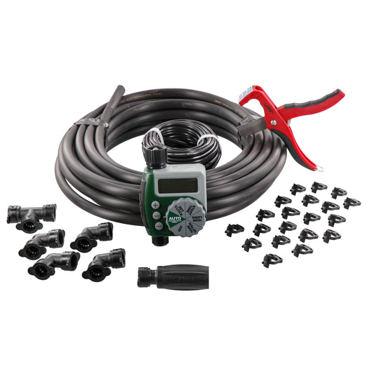 Garden Box Drip Irrigation Watering Kit with 1-Outlet Digital Hose Faucet Timer