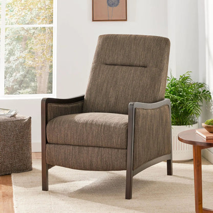 Drury Contemporary Fabric Upholstered Pushback Recliner in brown fabric with dark frame on Tampa Home & Garden Store