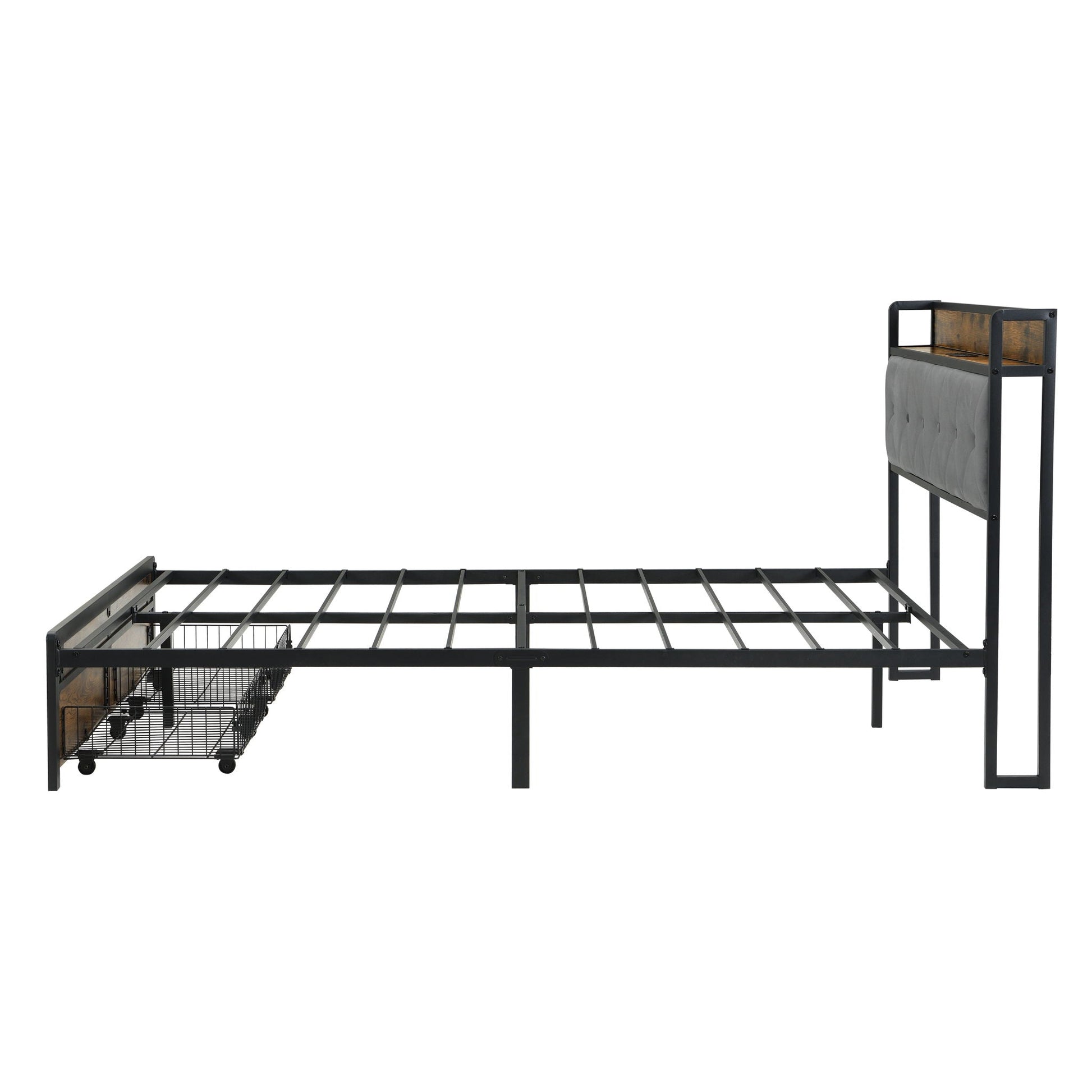 Modern bed frame with LED lights, upholstered gray headboard, USB charging by HouseOfZazla on Tampa Home & Garden Store