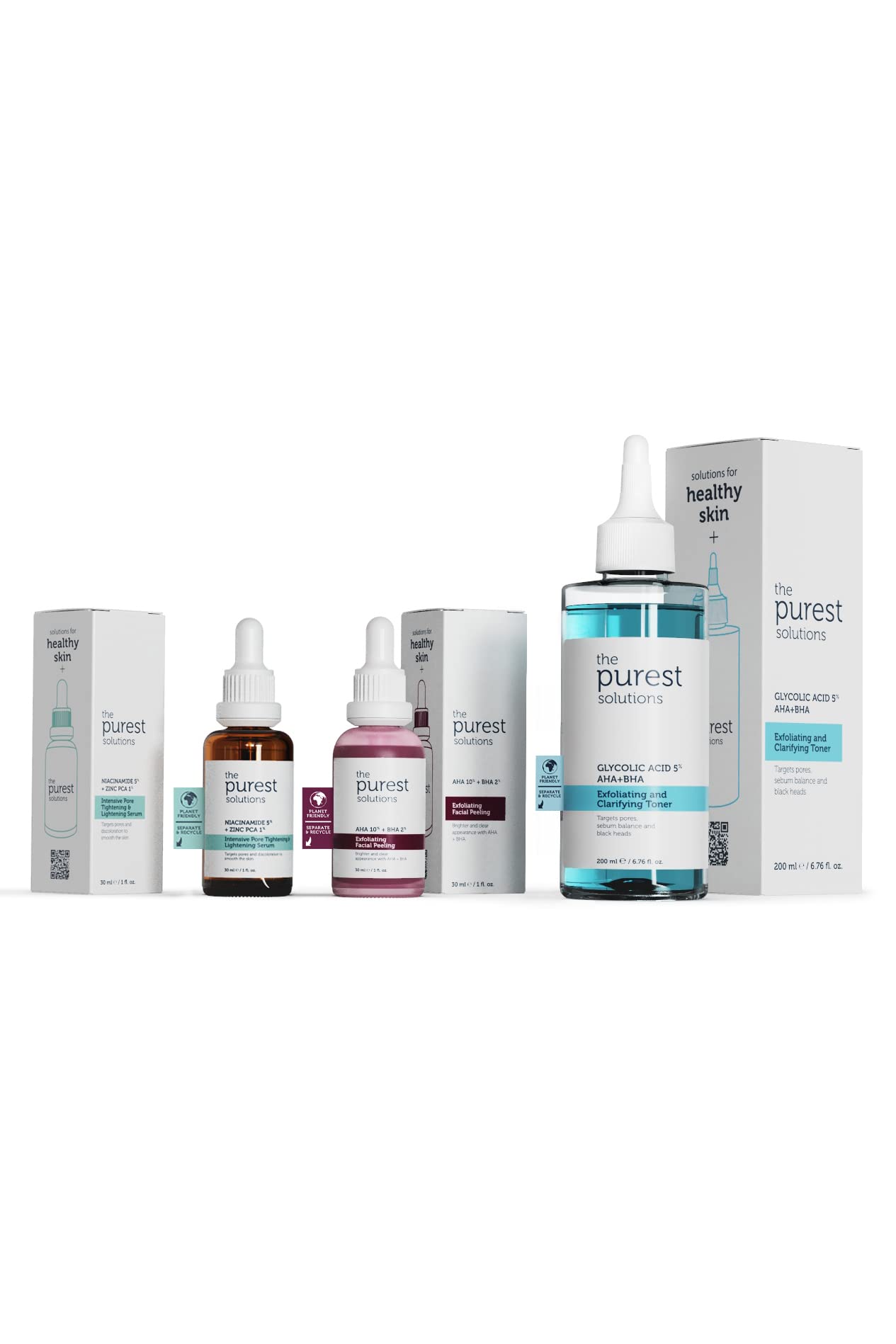 The Purest Solutions skincare set with glycolic toner and dropper serums in white bottles on Tampa Home & Garden Store