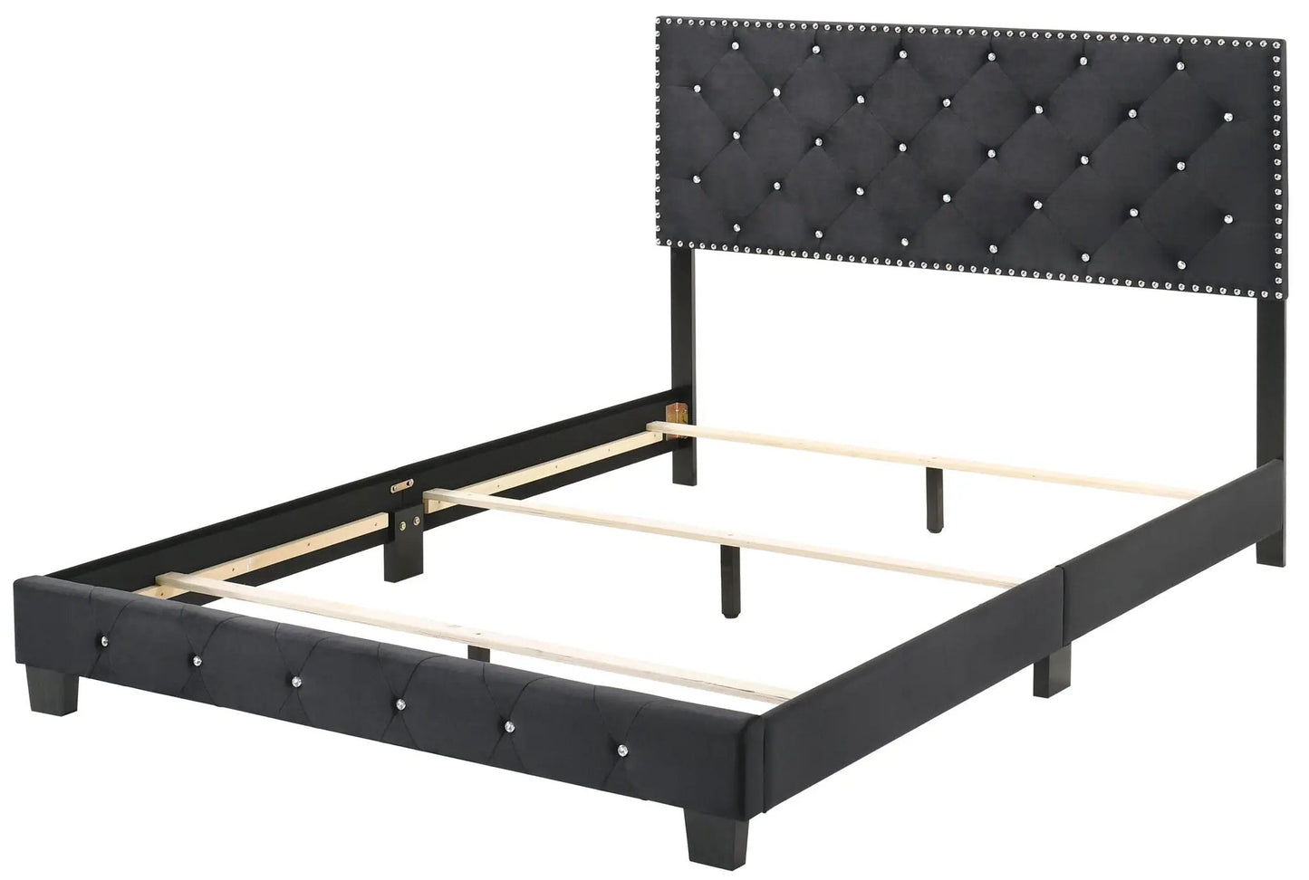 Luxurious Upholstered Bed with black tufted headboard featuring crystal studs and metal frame on Tampa Home & Garden Store