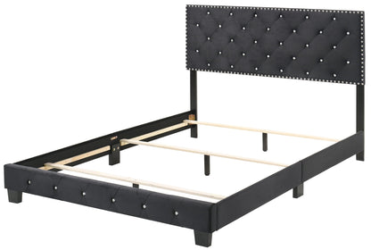 Luxurious Upholstered Bed with dark gray tufted headboard and crystal stud trim, black metal frame on Tampa Home & Garden Store