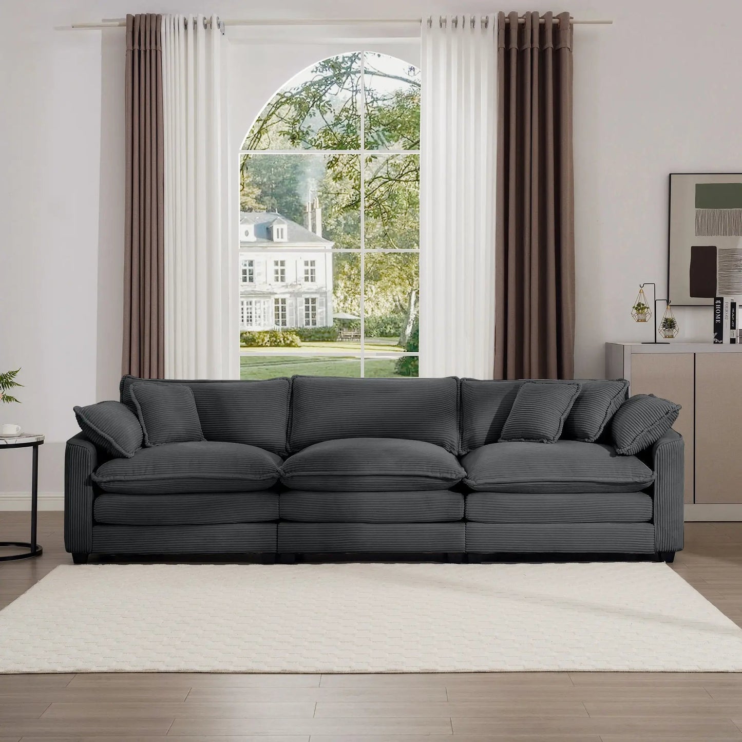 Mid-Century Modern 3 Seater Sectional Sofa with Arm and Throw Pillows in charcoal fabric on Tampa Home & Garden Store