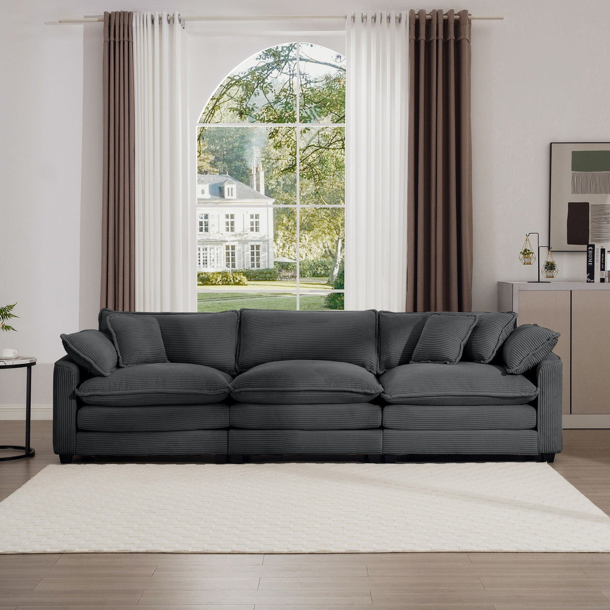 Mid-Century Modern 3-Seater sectional sofa in charcoal fabric with arm and throw pillows on Tampa Home & Garden Store