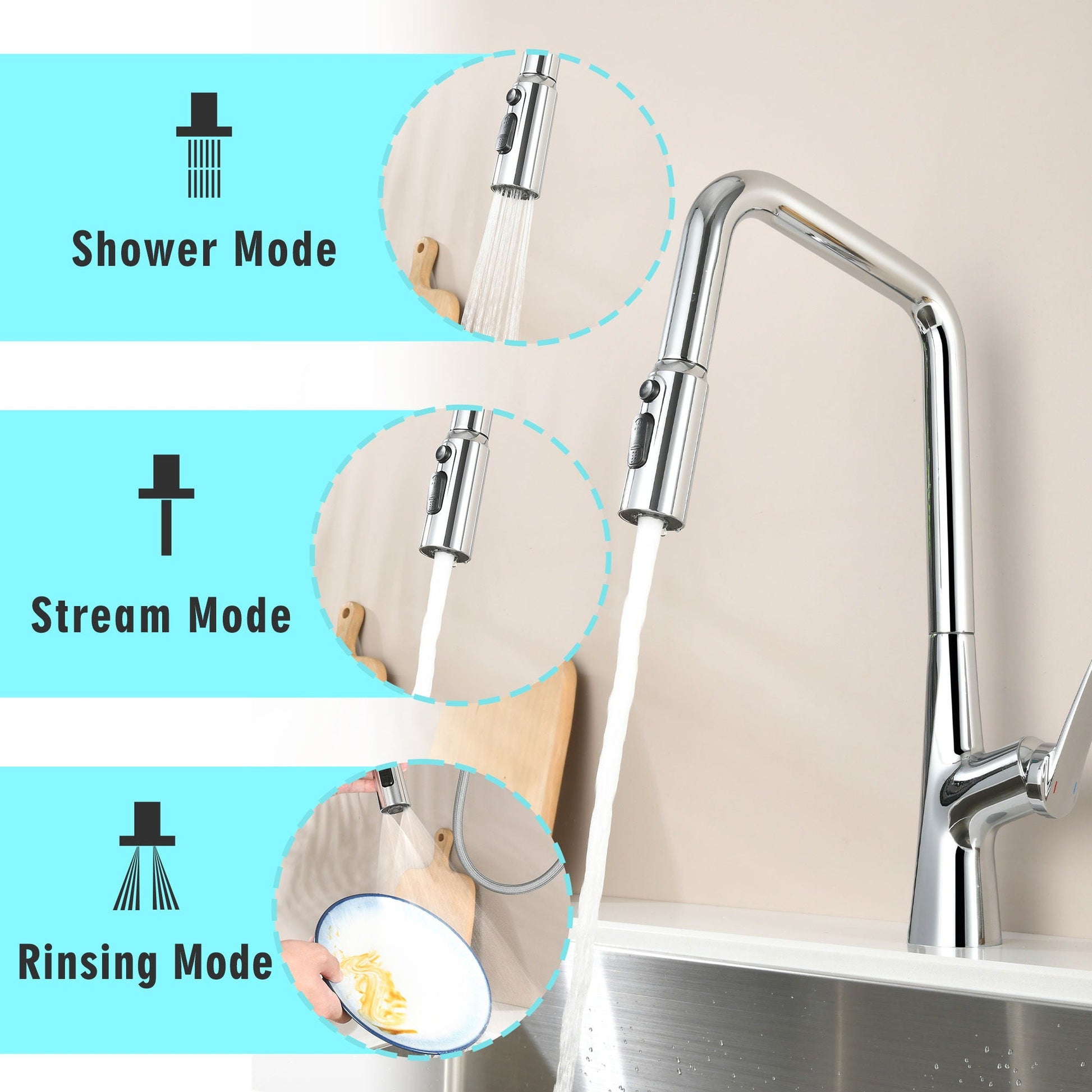 HouseOfZazla professional kitchen faucet with 3-function sprayer in chrome finish on Tampa Home & Garden Store