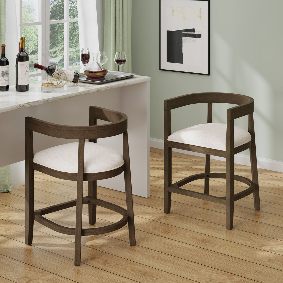 Two rubberwood counter stools with upholstered white seats and rounded footrest by HouseOfZazla on Tampa Home & Garden Store