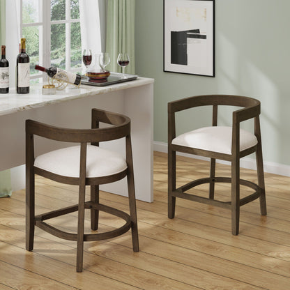 Two rubberwood counter stools with upholstered white seats and rounded footrest by HouseOfZazla on Tampa Home & Garden Store