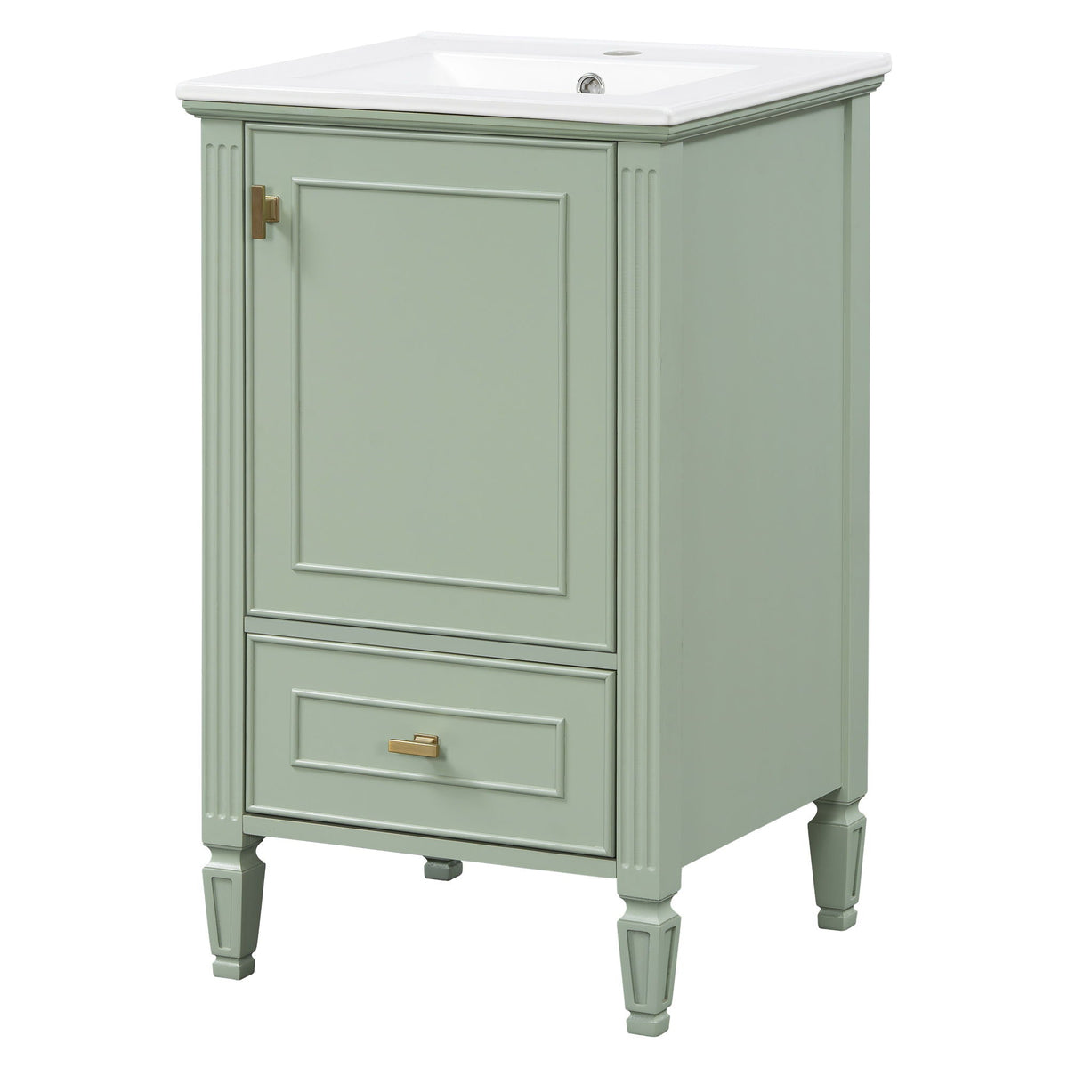 Retro vanity with sink by HouseOfZazla, green cabinet with brass hardware, soft-close doors on Tampa Home & Garden Store