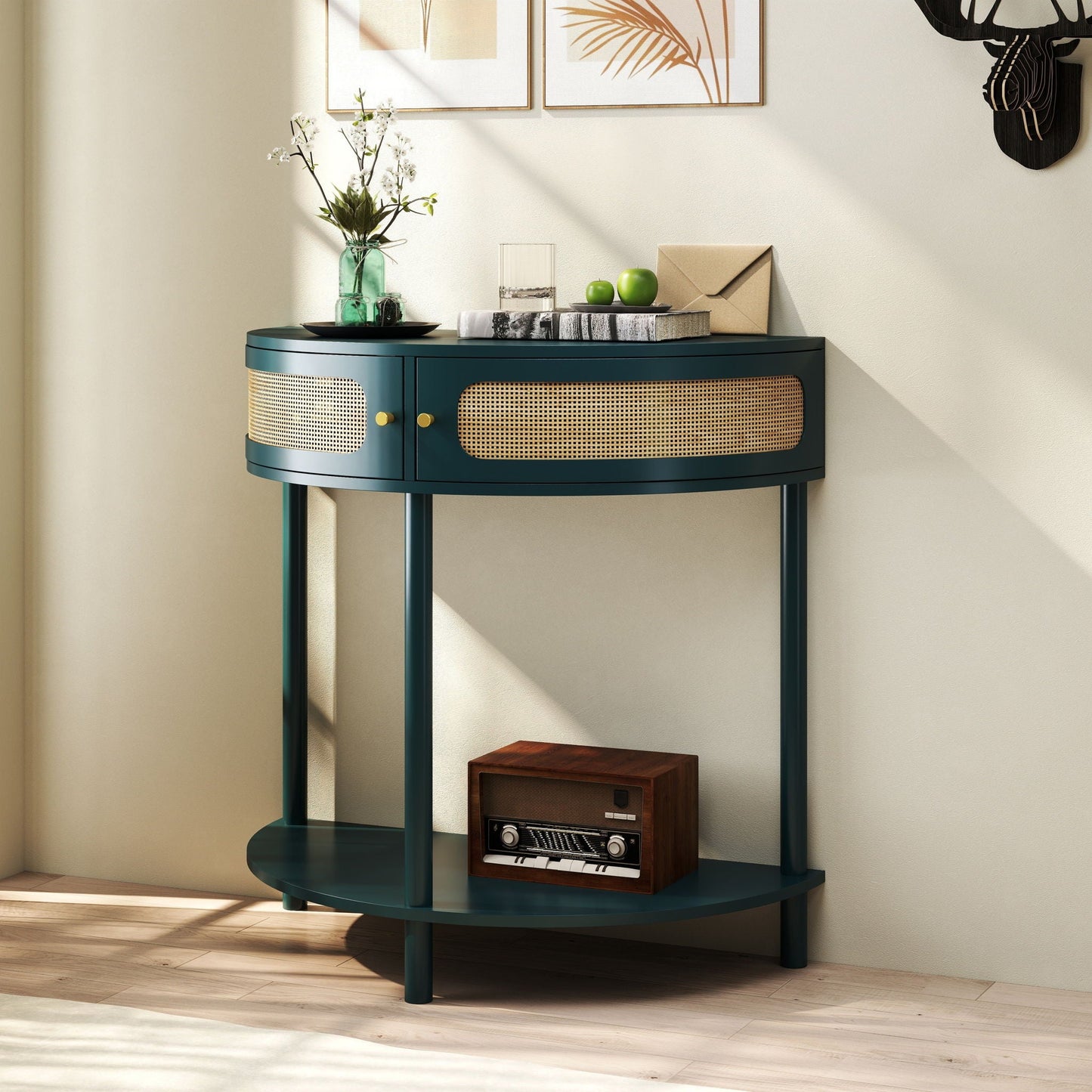 Teal boho rattan semi-circle end table with sliding rattan door, storage and bottom shelf on Tampa Home & Garden Store