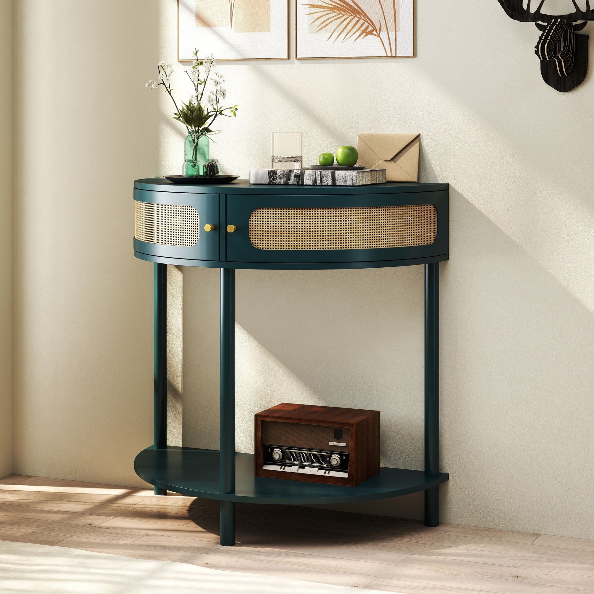 Teal boho rattan semi-circle end table with sliding rattan door, storage and bottom shelf on Tampa Home & Garden Store