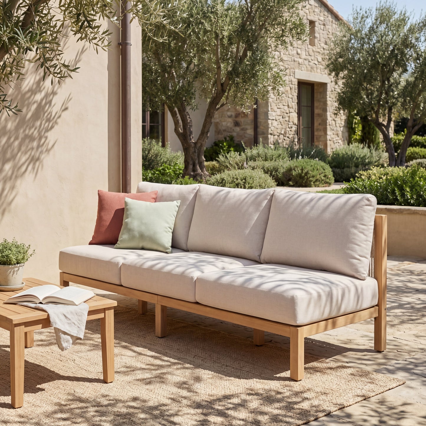 Outdoor Acacia Wood Rope Braided 3 Seater Sofa