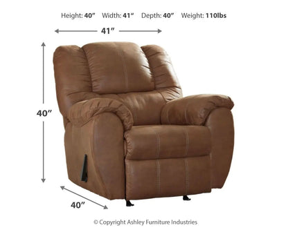 McGann Rocker Recliner, brown leather chair with plush cushions, 40in H x 41in W x 40in D on Tampa Home & Garden Store
