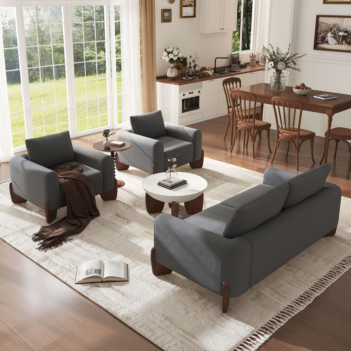 Modern Three Piece Boucle Sofa and Chair Set