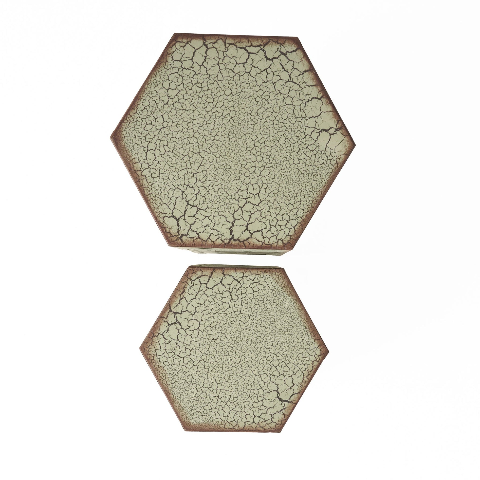 Selva accent table set: three hexagonal outdoor side tables with cracked tan leather texture on Tampa Home & Garden Store