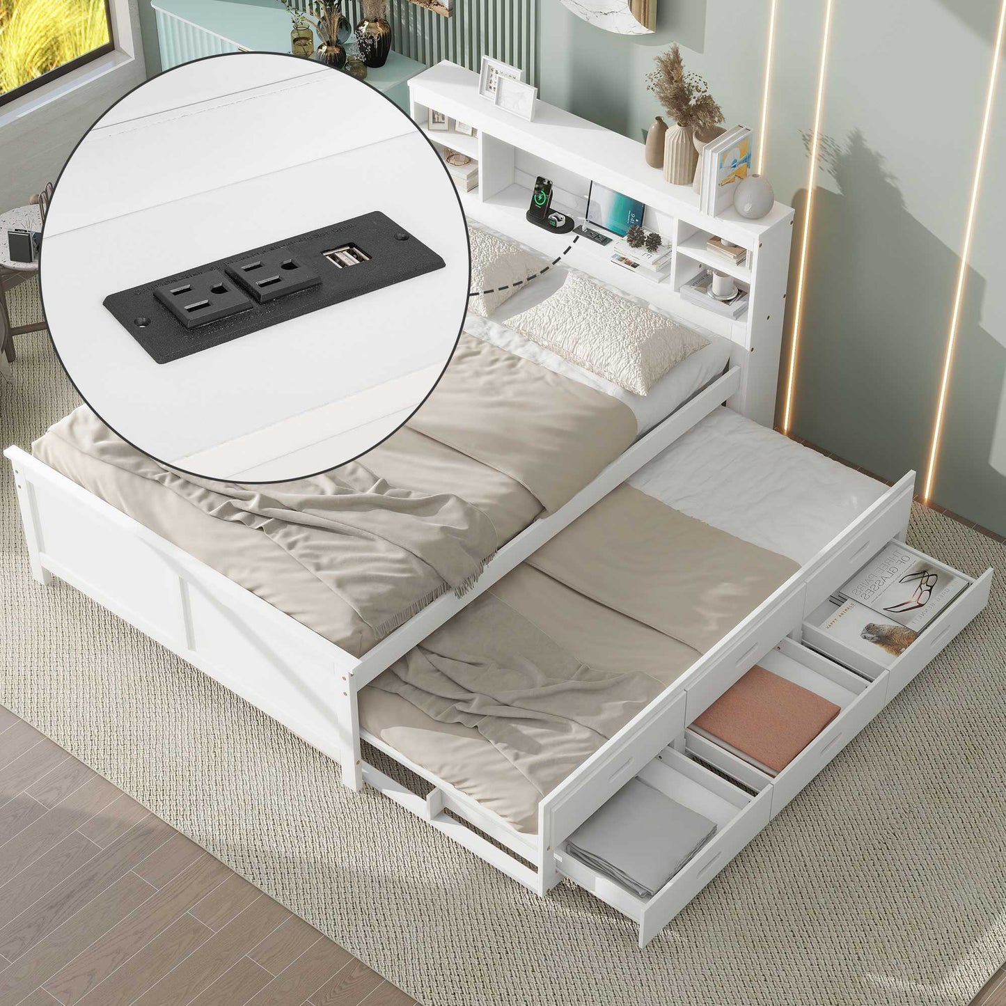 HouseOfZazla platform bed with storage headboard, USB, trundle and 3 drawers in white on Tampa Home & Garden Store